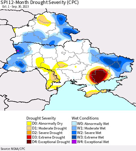 Ukraine, Moldova and Belarus SPI 12-Month Drought Severity (CPC) Thematic Map For 10/1/2022 - 9/30/2023