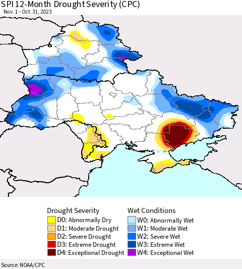 Ukraine, Moldova and Belarus SPI 12-Month Drought Severity (CPC) Thematic Map For 11/1/2022 - 10/31/2023
