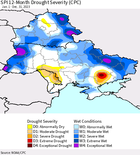 Ukraine, Moldova and Belarus SPI 12-Month Drought Severity (CPC) Thematic Map For 1/1/2023 - 12/31/2023