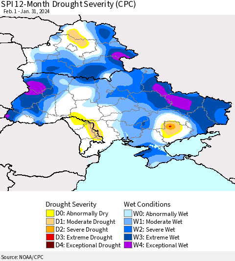 Ukraine, Moldova and Belarus SPI 12-Month Drought Severity (CPC) Thematic Map For 2/1/2023 - 1/31/2024