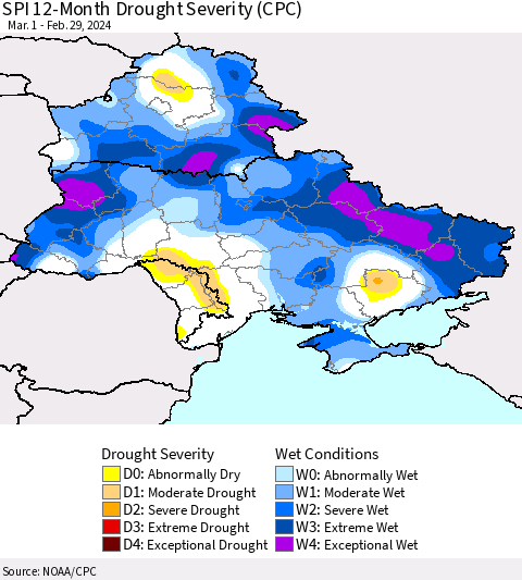 Ukraine, Moldova and Belarus SPI 12-Month Drought Severity (CPC) Thematic Map For 3/1/2023 - 2/29/2024