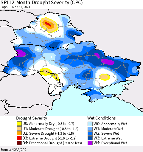Ukraine, Moldova and Belarus SPI 12-Month Drought Severity (CPC) Thematic Map For 4/1/2023 - 3/31/2024