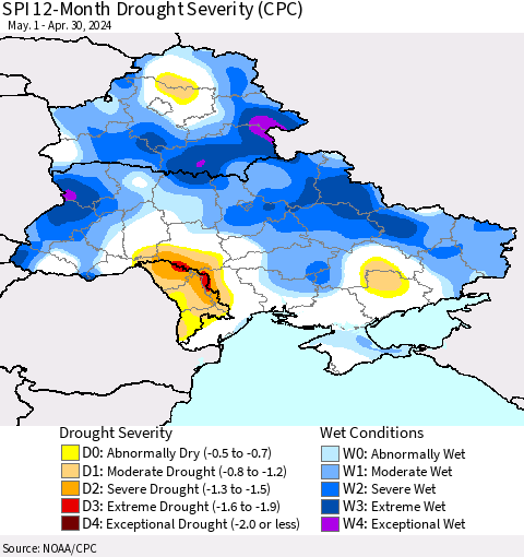 Ukraine, Moldova and Belarus SPI 12-Month Drought Severity (CPC) Thematic Map For 5/1/2023 - 4/30/2024