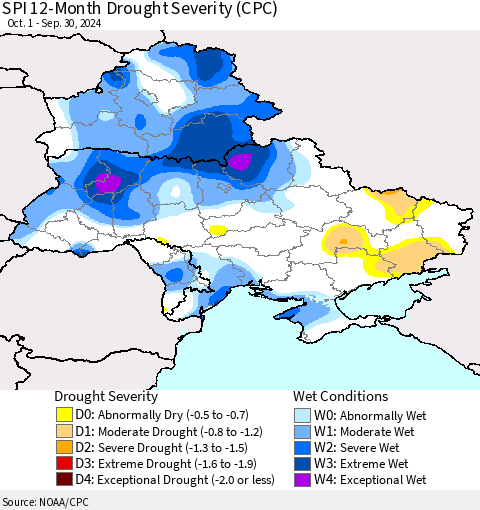 Ukraine, Moldova and Belarus SPI 12-Month Drought Severity (CPC) Thematic Map For 10/1/2023 - 9/30/2024