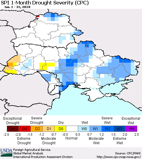 Ukraine, Moldova and Belarus SPI 1-Month Drought Severity (CPC) Thematic Map For 1/1/2018 - 1/31/2018