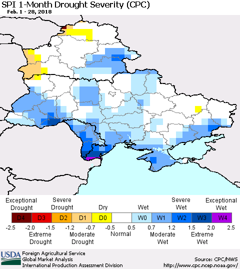Ukraine, Moldova and Belarus SPI 1-Month Drought Severity (CPC) Thematic Map For 2/1/2018 - 2/28/2018