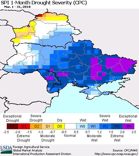 Ukraine, Moldova and Belarus SPI 1-Month Drought Severity (CPC) Thematic Map For 3/1/2018 - 3/31/2018