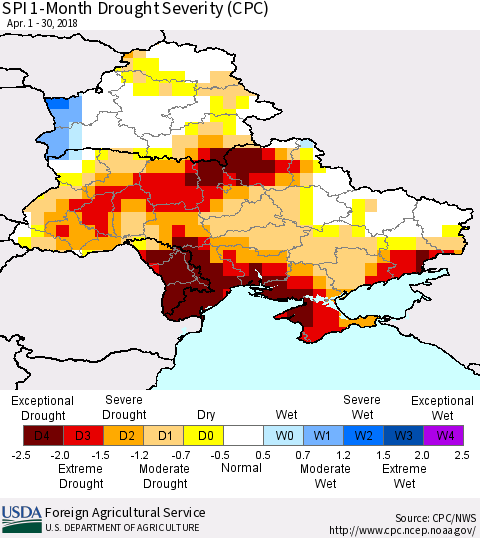Ukraine, Moldova and Belarus SPI 1-Month Drought Severity (CPC) Thematic Map For 4/1/2018 - 4/30/2018