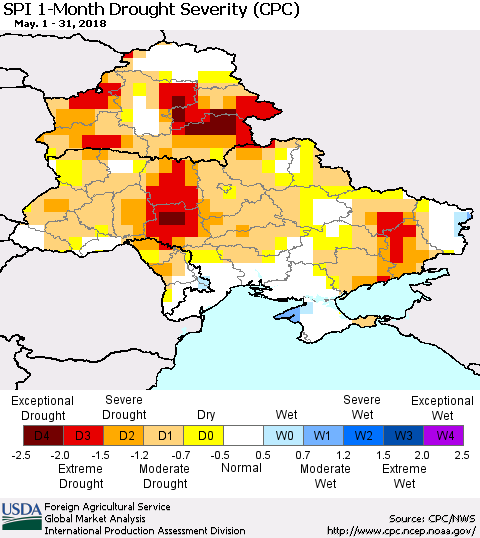 Ukraine, Moldova and Belarus SPI 1-Month Drought Severity (CPC) Thematic Map For 5/1/2018 - 5/31/2018