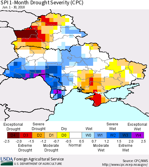 Ukraine, Moldova and Belarus SPI 1-Month Drought Severity (CPC) Thematic Map For 6/1/2018 - 6/30/2018