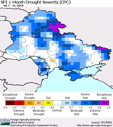 Ukraine, Moldova and Belarus SPI 1-Month Drought Severity (CPC) Thematic Map For 7/1/2018 - 7/31/2018