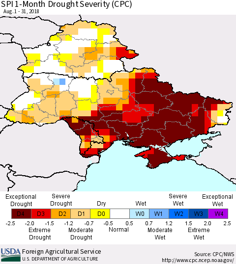 Ukraine, Moldova and Belarus SPI 1-Month Drought Severity (CPC) Thematic Map For 8/1/2018 - 8/31/2018