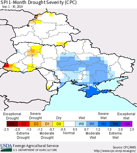 Ukraine, Moldova and Belarus SPI 1-Month Drought Severity (CPC) Thematic Map For 9/1/2018 - 9/30/2018