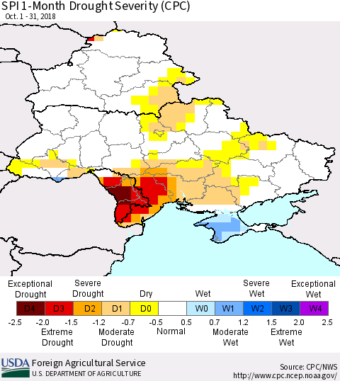 Ukraine, Moldova and Belarus SPI 1-Month Drought Severity (CPC) Thematic Map For 10/1/2018 - 10/31/2018