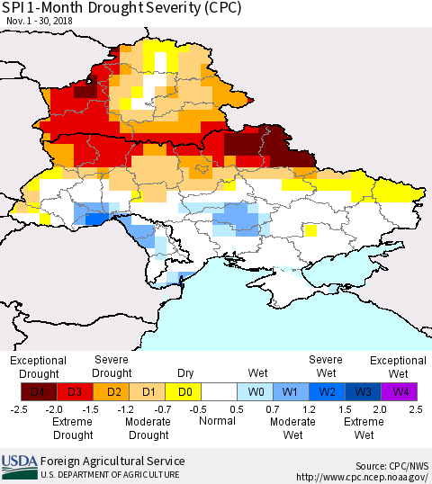 Ukraine, Moldova and Belarus SPI 1-Month Drought Severity (CPC) Thematic Map For 11/1/2018 - 11/30/2018