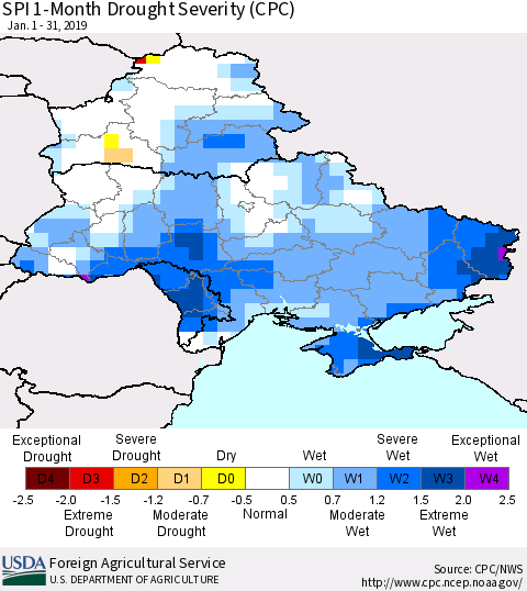 Ukraine, Moldova and Belarus SPI 1-Month Drought Severity (CPC) Thematic Map For 1/1/2019 - 1/31/2019