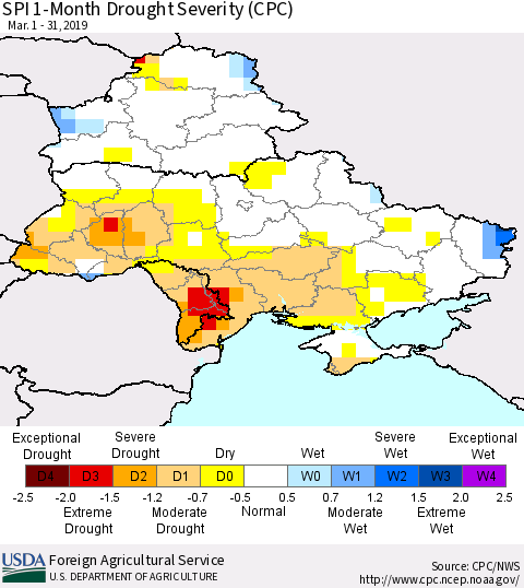 Ukraine, Moldova and Belarus SPI 1-Month Drought Severity (CPC) Thematic Map For 3/1/2019 - 3/31/2019