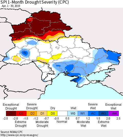 Ukraine, Moldova and Belarus SPI 1-Month Drought Severity (CPC) Thematic Map For 4/1/2019 - 4/30/2019