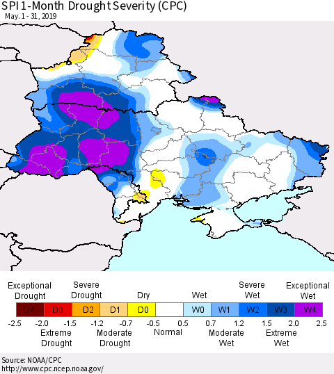 Ukraine, Moldova and Belarus SPI 1-Month Drought Severity (CPC) Thematic Map For 5/1/2019 - 5/31/2019