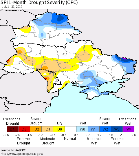 Ukraine, Moldova and Belarus SPI 1-Month Drought Severity (CPC) Thematic Map For 7/1/2019 - 7/31/2019