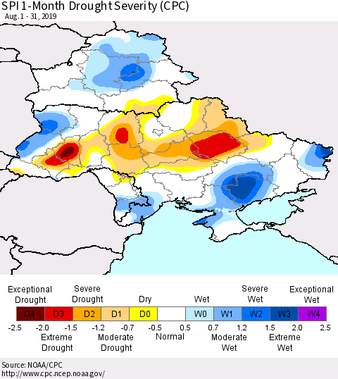Ukraine, Moldova and Belarus SPI 1-Month Drought Severity (CPC) Thematic Map For 8/1/2019 - 8/31/2019