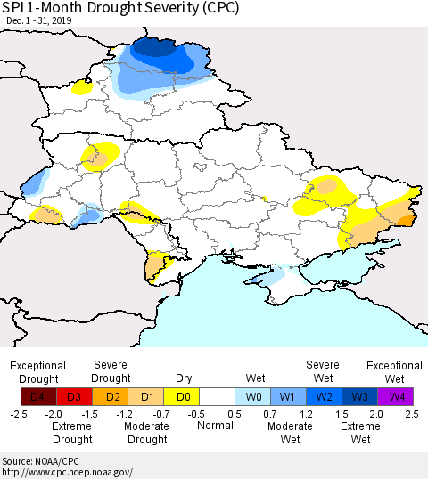 Ukraine, Moldova and Belarus SPI 1-Month Drought Severity (CPC) Thematic Map For 12/1/2019 - 12/31/2019