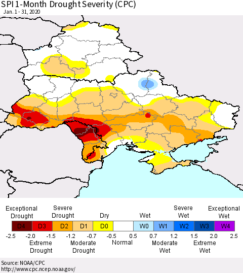 Ukraine, Moldova and Belarus SPI 1-Month Drought Severity (CPC) Thematic Map For 1/1/2020 - 1/31/2020