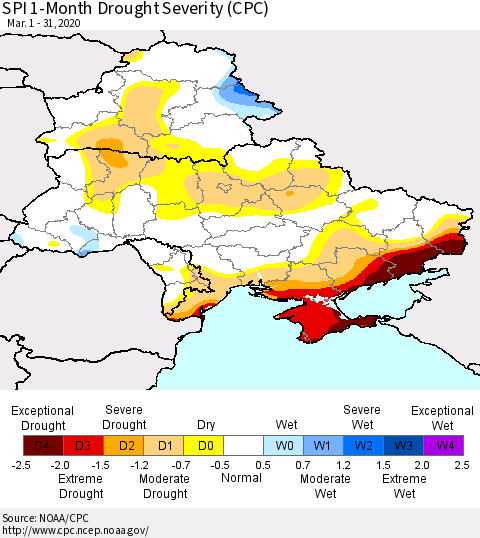 Ukraine, Moldova and Belarus SPI 1-Month Drought Severity (CPC) Thematic Map For 3/1/2020 - 3/31/2020
