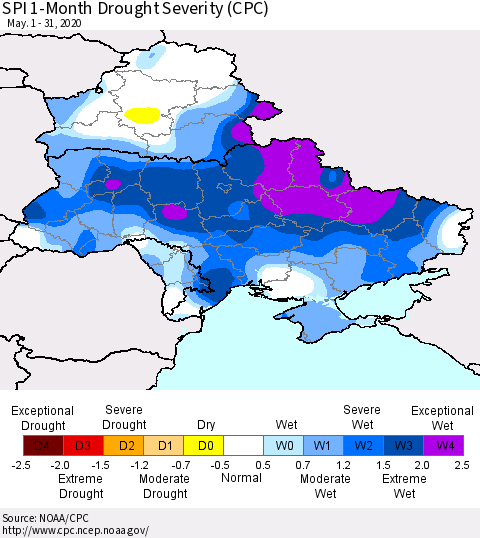 Ukraine, Moldova and Belarus SPI 1-Month Drought Severity (CPC) Thematic Map For 5/1/2020 - 5/31/2020