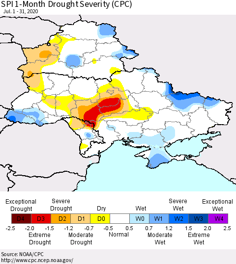 Ukraine, Moldova and Belarus SPI 1-Month Drought Severity (CPC) Thematic Map For 7/1/2020 - 7/31/2020