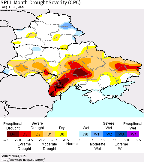 Ukraine, Moldova and Belarus SPI 1-Month Drought Severity (CPC) Thematic Map For 8/1/2020 - 8/31/2020