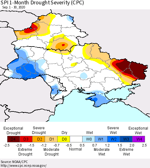 Ukraine, Moldova and Belarus SPI 1-Month Drought Severity (CPC) Thematic Map For 9/1/2020 - 9/30/2020