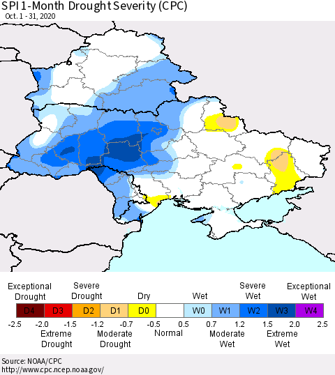 Ukraine, Moldova and Belarus SPI 1-Month Drought Severity (CPC) Thematic Map For 10/1/2020 - 10/31/2020