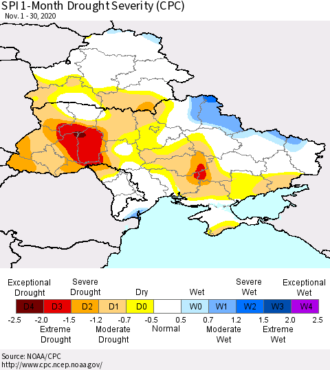 Ukraine, Moldova and Belarus SPI 1-Month Drought Severity (CPC) Thematic Map For 11/1/2020 - 11/30/2020