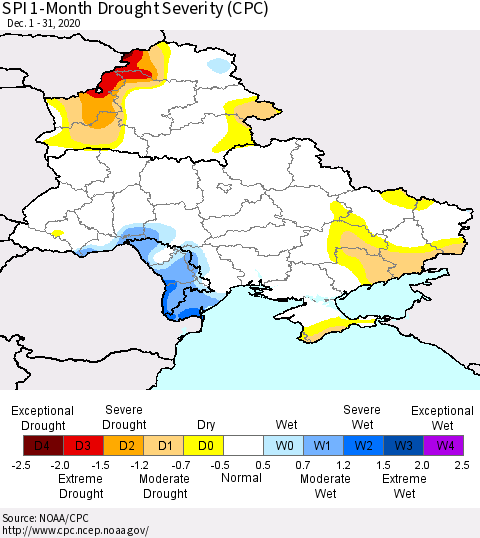 Ukraine, Moldova and Belarus SPI 1-Month Drought Severity (CPC) Thematic Map For 12/1/2020 - 12/31/2020