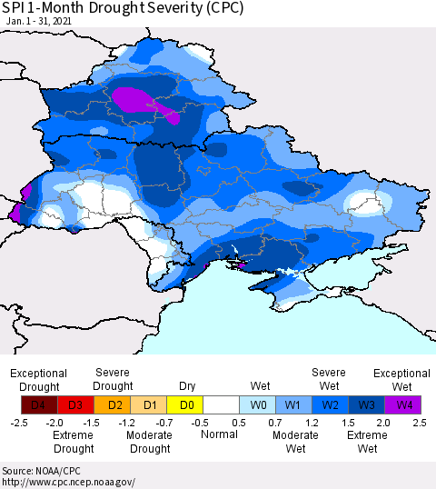 Ukraine, Moldova and Belarus SPI 1-Month Drought Severity (CPC) Thematic Map For 1/1/2021 - 1/31/2021