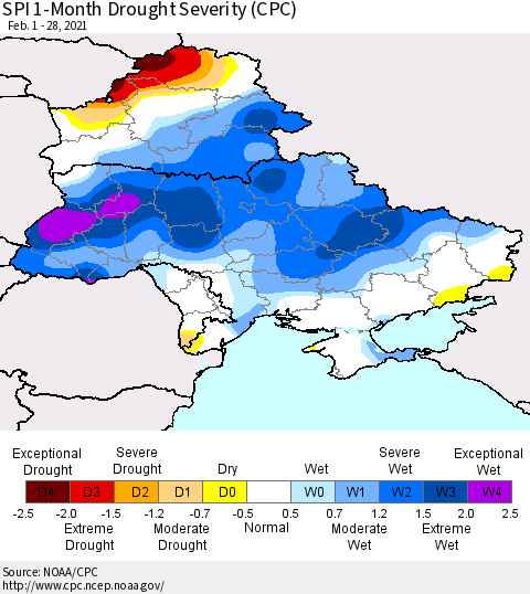 Ukraine, Moldova and Belarus SPI 1-Month Drought Severity (CPC) Thematic Map For 2/1/2021 - 2/28/2021