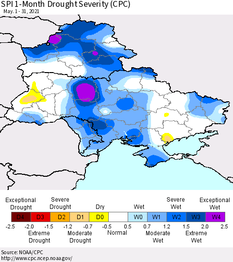 Ukraine, Moldova and Belarus SPI 1-Month Drought Severity (CPC) Thematic Map For 5/1/2021 - 5/31/2021