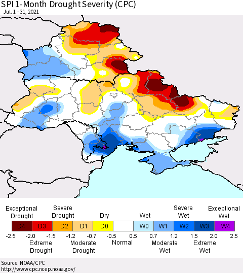 Ukraine, Moldova and Belarus SPI 1-Month Drought Severity (CPC) Thematic Map For 7/1/2021 - 7/31/2021