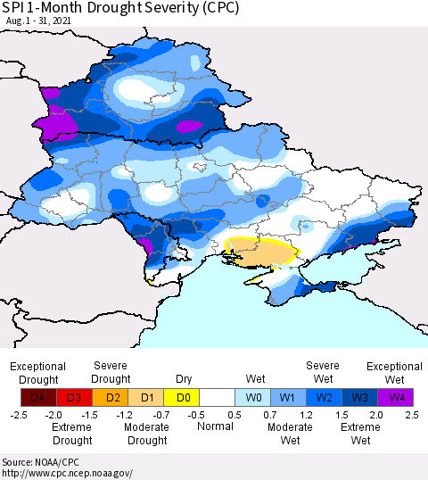 Ukraine, Moldova and Belarus SPI 1-Month Drought Severity (CPC) Thematic Map For 8/1/2021 - 8/31/2021