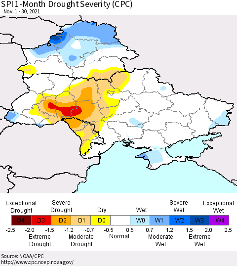 Ukraine, Moldova and Belarus SPI 1-Month Drought Severity (CPC) Thematic Map For 11/1/2021 - 11/30/2021