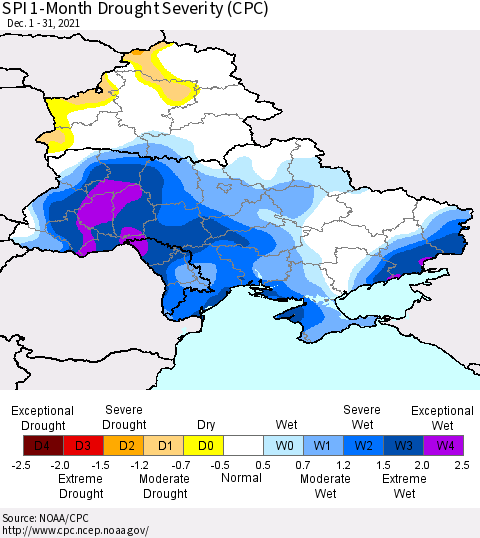 Ukraine, Moldova and Belarus SPI 1-Month Drought Severity (CPC) Thematic Map For 12/1/2021 - 12/31/2021