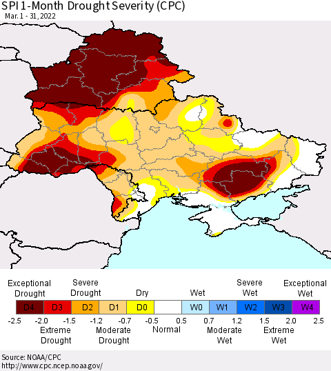 Ukraine, Moldova and Belarus SPI 1-Month Drought Severity (CPC) Thematic Map For 3/1/2022 - 3/31/2022