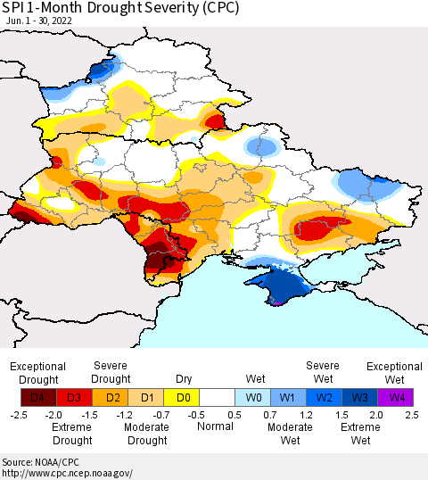 Ukraine, Moldova and Belarus SPI 1-Month Drought Severity (CPC) Thematic Map For 6/1/2022 - 6/30/2022