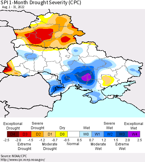 Ukraine, Moldova and Belarus SPI 1-Month Drought Severity (CPC) Thematic Map For 8/1/2022 - 8/31/2022