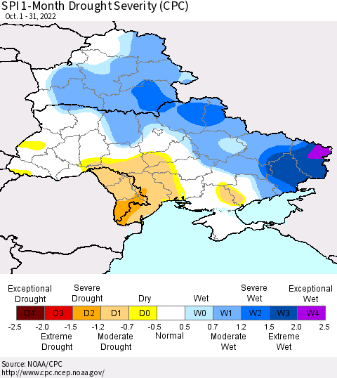 Ukraine, Moldova and Belarus SPI 1-Month Drought Severity (CPC) Thematic Map For 10/1/2022 - 10/31/2022