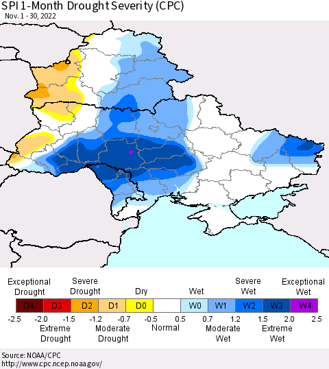 Ukraine, Moldova and Belarus SPI 1-Month Drought Severity (CPC) Thematic Map For 11/1/2022 - 11/30/2022