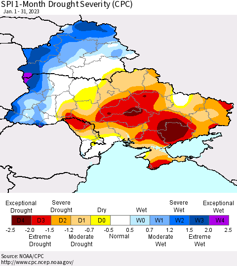 Ukraine, Moldova and Belarus SPI 1-Month Drought Severity (CPC) Thematic Map For 1/1/2023 - 1/31/2023