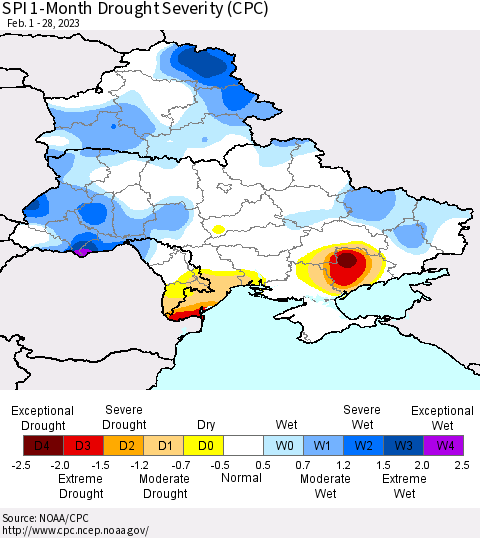 Ukraine, Moldova and Belarus SPI 1-Month Drought Severity (CPC) Thematic Map For 2/1/2023 - 2/28/2023