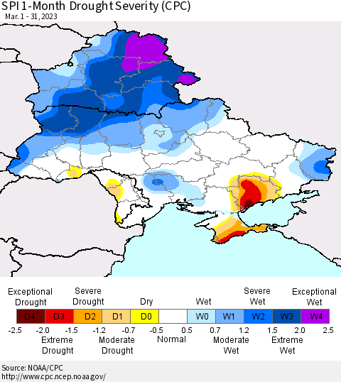 Ukraine, Moldova and Belarus SPI 1-Month Drought Severity (CPC) Thematic Map For 3/1/2023 - 3/31/2023